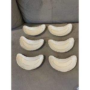 6 Antique W.S. George "Radisson" Porcelain Crescent Bone Dishes Gold Trim Ruffle